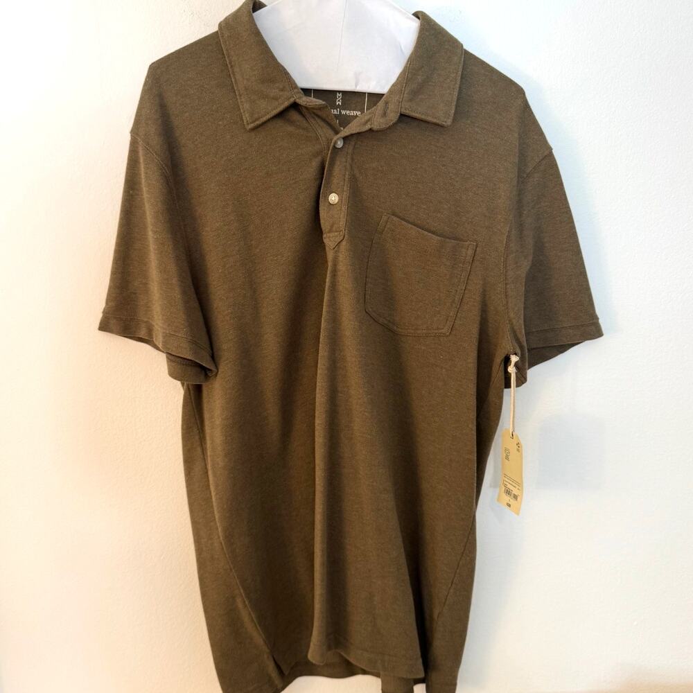 NWT Mutual Weave Polo Shirt Mens Large Brown Olive Heather Pocket Casual Cotton